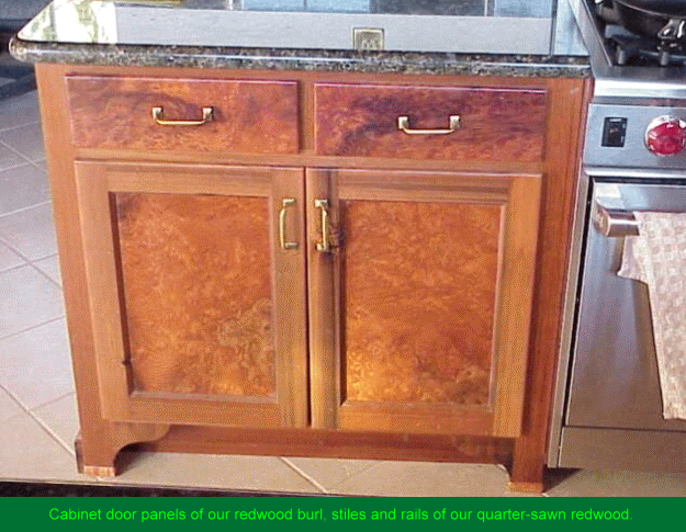 Redwood burl cabinet doors